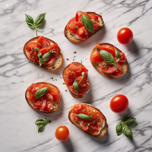 Bruschetta mit Tomaten und Basilikum auf Marmorplatte
