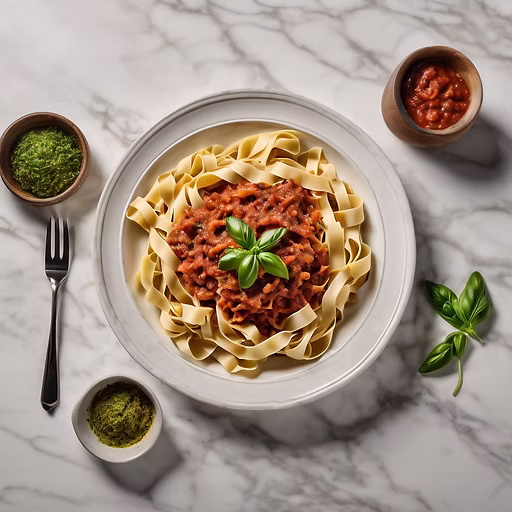 Bandnudeln mit Ragù aus Rindfleisch in einer weissen Schale