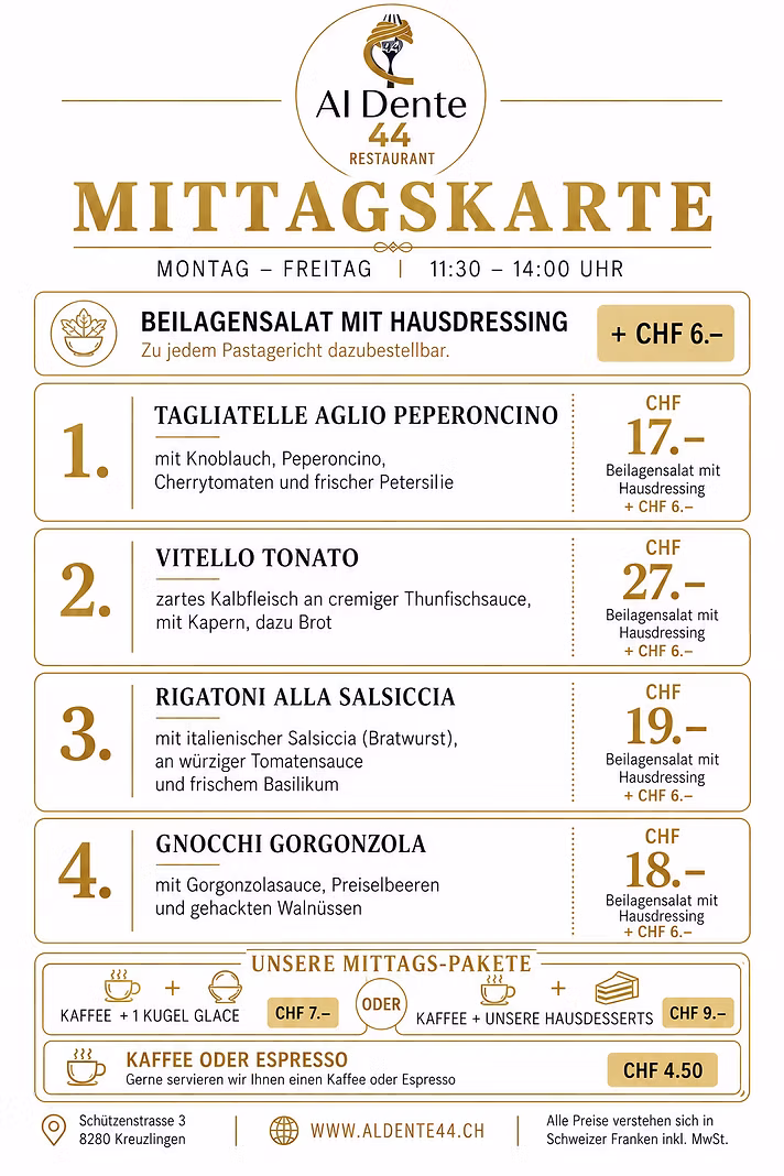 Original-Mittagskarte von Al Dente 44 mit vier Pastagerichten und Preisen